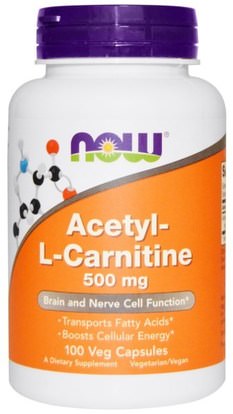 Now Foods, Acetyl-L Carnitine, 500 mg, 100 Veg Capsules ,المكملات الغذائية، مضادات الأكسدة، الأحماض الأمينية