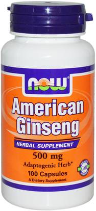 Now Foods, American Ginseng, 500 mg, 100 Veg Capsules ,المكملات الغذائية، أدابتوغين، الانفلونزا الباردة والفيروسية، الجينسنغ الأمريكية