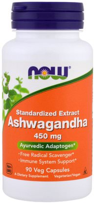 Now Foods, Ashwagandha, 450 mg, 90 Veg Capsules ,الأعشاب، أشواغاندا ويثانيا سومنيفيرا، أدابتوجين