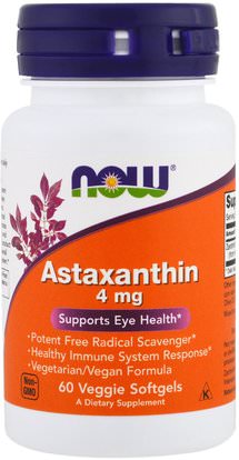 Now Foods, Astaxanthin, 4 mg, 60 Veggie Softgels ,المكملات الغذائية، مضادات الأكسدة، أستازانتين، الكاروتينات