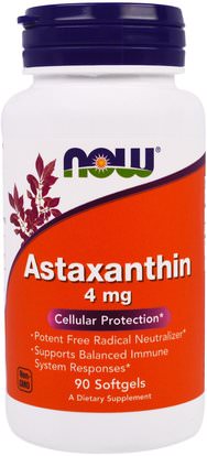 Now Foods, Astaxanthin, 4 mg, 90 Softgels ,المكملات الغذائية، مضادات الأكسدة، أستازانتين، الكاروتينات