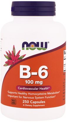 Now Foods, B-6, 100 mg, 250 Capsules ,الفيتامينات، فيتامين ب، فيتامين b6 - البيريدوكسين