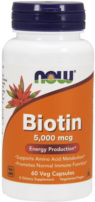 Now Foods, Biotin, 5,000 mcg, 60 Veg Capsules ,الفيتامينات، فيتامين ب، البيوتين