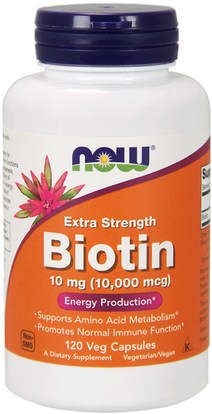 Now Foods, Biotin, Extra Strength, 10 mg (10,000 mcg), 120 Veg Capsules ,الفيتامينات، فيتامين ب، البيوتين