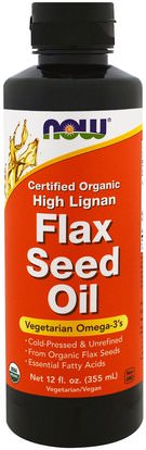 Now Foods, Certified Organic, High Lignan Flax Seed Oil, 12 fl oz (355 ml) ,المكملات الغذائية، إيفا أوميجا 3 6 9 (إيبا دا)، زيت الكتان، الكتان النفط السائل