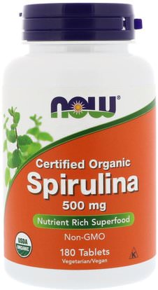 Now Foods, Certified Organic Spirulina, 500 mg, 180 Tablets ,المكملات الغذائية، سبيرولينا