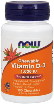 Now Foods, Chewable Vitamin D-3, Natural Fruit Flavor, 1,000 IU, 180 Chewables ,الفيتامينات، فيتامين d3، فيتامين a & d