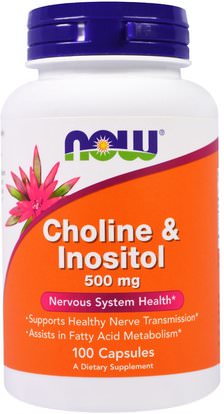 Now Foods, Choline & Inositol, 500 mg, 100 Capsules ,الفيتامينات، فيتامين ب، الكولين و إينوزيتول