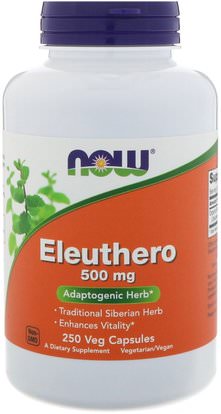 Now Foods, Eleuthero, 500 mg, 250 Veg Capsules ,المكملات الغذائية، أدابتوغين، الانفلونزا الباردة والفيروسية، الجينسنغ، إليوثيرو