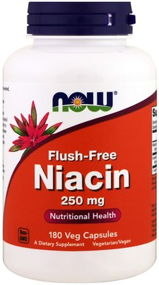 Now Foods, Flush-Free Niacin, 250 mg, 180 Veg Capsules ,الفيتامينات، فيتامين ب، فيتامين b3، فيتامين b3 - النياسين دافق مجانا