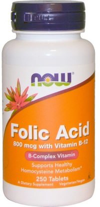 Now Foods, Folic Acid with Vitamin B-12, 800 mcg, 250 Tablets ,الفيتامينات، فيتامين ب، حمض الفوليك