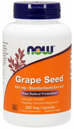 Now Foods, Grape Seed, Standardized Extract, 100 mg, 200 Veg Capsules ,المكملات الغذائية، مضادات الأكسدة، استخراج بذور العنب