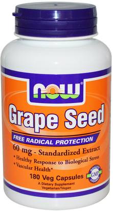 Now Foods, Grape Seed, Standardized Extract, 60 mg, 180 Veg Capsules ,المكملات الغذائية، مضادات الأكسدة، استخراج بذور العنب