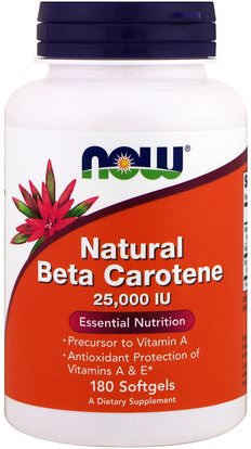 Now Foods, Natural Beta Carotene, 25,000 IU, 180 Softgels ,الفيتامينات، فيتامين أ، بيتا كاروتين، المكملات الغذائية، الكاروتينات