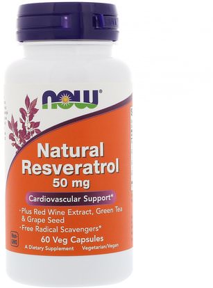Now Foods, Natural Resveratrol, 50 mg, 60 Veg Capsules ,المكملات الغذائية، مضادات الأكسدة، ريسفيراترول