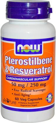 Now Foods, Pterostilbene & Resveratrol, 50 mg / 250 mg, 60 Veg Capsules ,المكملات الغذائية، مضادات الأكسدة، ريسفيراترول