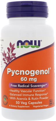 Now Foods, Pycnogenol, 60 mg, 50 Veg Capsules ,المكملات الغذائية، بيكنوغينول، مضادات الأكسدة، روتين