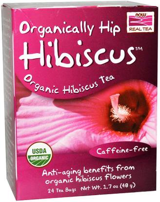 Now Foods, Organic Real Tea, Organically Hip Hibiscus, Caffeine-Free, 24 Tea Bags, 1.7 oz (48 g) ,الطعام، شاي الأعشاب، الخبازى