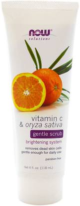 Now Foods, Solutions, Gentle Scrub, Vitamin C & Oryza Sativa, 4 fl oz (118 ml) ,الجمال، العناية بالوجه، منظفات الوجه، تقشير الوجه