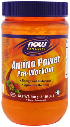 Now Foods, Sports, Amino Power Pre-Workout, Natural Raspberry Flavor, 21.16 oz (600 g) ,المكملات الغذائية، والأحماض الأمينية، تجريب