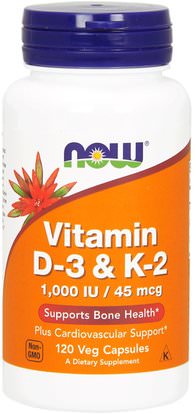 Now Foods, Vitamin D-3 & K-2, 1,000 IU / 45 mcg, 120 Veg Capsules ,الفيتامينات، فيتامين d3