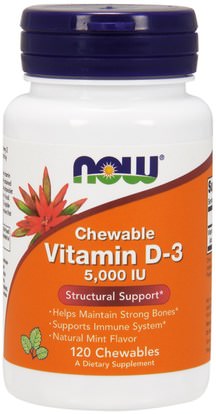 Now Foods, Vitamin D-3, Natural Mint Flavor, 5,000 IU, 120 Chewables ,الفيتامينات، فيتامين d3
