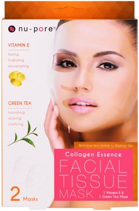 Nu-Pore, Collagen Essence Facial Tissue Mask, Vitamin E & Green Tea, 2 Mask ,الجمال، أقنعة الوجه، أقنعة ورقة