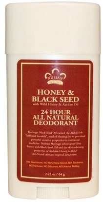 Nubian Heritage, 24 Hour All Natural Deodorant, Honey & Black Seed with Wild Honey & Apricot Oil, 2.25 oz (64 g) ,حمام، الجمال، مزيل العرق