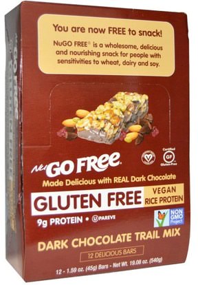 NuGo Nutrition, NuGo Free, Gluten Free, Dark Chocolate Trail Mix,, 12 Bars, 1.59 oz (45 g) Each ,الطعام، الوجبات الخفيفة، الوجبات الصحية الصحية، المكملات الغذائية، الحانات الغذائية