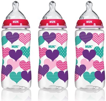 NUK, Bottle with Perfect Fit Nipple, 0+ Months, Medium, Hearts, 3 Wide-Neck Bottles, 10 oz (300 ml) Each ,صحة الأطفال، والأغذية للأطفال