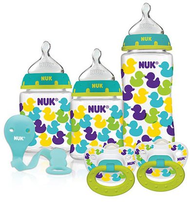 NUK, Bottles with Perfect Fit Nipples and Pacifier Gift Starter Set, Ducks, 0+ Months, 1 Set ,الاطفال والطفل هدية مجموعات، صحة الأطفال، أطفال الأطعمة، زجاجات الطفل