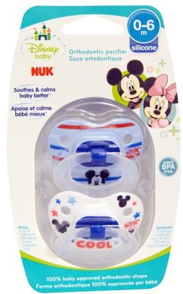 NUK, Disney Baby, Mickey Mouse Orthodontic Pacifier, 0-6 Months, 2 Pacifiers ,صحة الطفل، الطفل، الأطفال، اللهايات