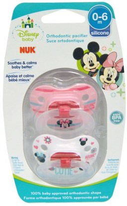 NUK, Disney Baby, Minnie Mouse Orthodontic Pacifier, 0-6 Months, 2 Pacifiers ,صحة الطفل، الطفل، الأطفال، اللهايات