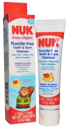 NUK, Fluoride-Free Tooth & Gum Cleanser, Apple & Banana, 1.4 oz (40 g) ,حمام، الجمال، معجون الأسنان، والأطفال ومعجون الأسنان الطفل