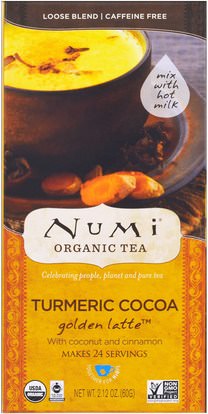 Numi Tea, Organic, Turmeric Cocoa, Golden Latte, Caffeine Free, 2.12 oz (60 g) ,الغذاء، شاي الأعشاب، الكركم الشاي، المكملات الغذائية، مضادات الأكسدة، الكركمين