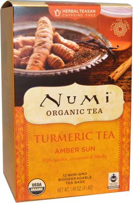 Numi Tea, Organic, Turmeric Tea, Amber Sun, Caffeine Free, 12 Tea Bags, 1.46 oz (41.4 g) ,الغذاء، شاي الأعشاب، الكركم الشاي، المكملات الغذائية، مضادات الأكسدة، الكركمين