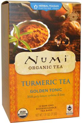 Numi Tea, Organic Turmeric Tea, Golden Tonic, Caffeine Free, 12 Tea Bags, 1.31 oz (37.2 g) Each ,الغذاء، شاي الأعشاب، الكركم الشاي، المكملات الغذائية، مضادات الأكسدة، الكركمين