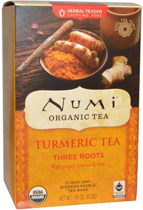 Numi Tea, Organic Turmeric Tea, Three Roots, Caffeine Free, 12 Tea Bags, 1.42 oz (40.2 g) ,الغذاء، شاي الأعشاب، الكركم الشاي، المكملات الغذائية، مضادات الأكسدة، الكركمين