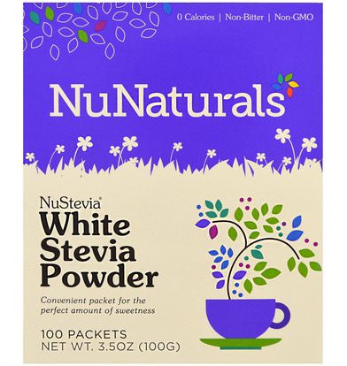 NuNaturals, NuStevia, White Stevia Powder, 100 Packets, 3.5 oz (100 g) ,الطعام، المحليات، ستيفيا