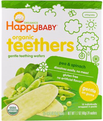 Nurture Inc. (Happy Baby), Gentle Teething Wafers, Organic Teethers, Pea & Spinach, 12 Packs, 0.14 oz (4 g) Each ,صحة الطفل، تغذية الطفل، الطفل وجبات خفيفة والأصبع الأطعمة، التسنين البسكويت الكوكيز
