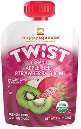 Nurture Inc. (Happy Baby), Happy Squeeze, Organic Superfoods, Twist, Organic Apple, Beet, Strawberry & Kiwi, 4 Pouches, 3.17 oz (90 g) Each ,صحة الطفل، تغذية الطفل، الغذاء، أطفال الأطعمة