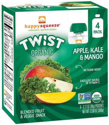Nurture Inc. (Happy Baby), Happy Squeeze, Organic Superfoods, Twist, Organic Apple, Kale & Mango, 4 Pouches, 3.17 oz (90 g) Each ,صحة الطفل، تغذية الطفل، الغذاء، أطفال الأطعمة