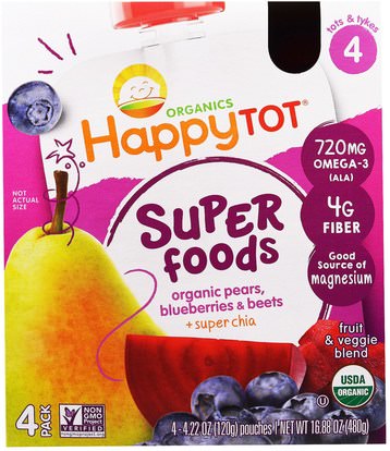 Nurture Inc. (Happy Baby), Happy Tot, Fruit & Veggie Blend, Organic Pears, Blueberries & Beets + Super Chia, Stage 4, 4 Pack - 4.22 oz (120 g) Each ,صحة الأطفال، والأغذية للأطفال