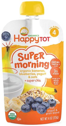 Nurture Inc. (Happy Baby), Happy Tot, Stage 4, Super Morning, Fruit, Yogurt & Grain Blend, Organic Bananas, Blueberries, Yogurt & Oats Plus Super Chia,, 4 oz (113 g) ,صحة الأطفال، والأغذية للأطفال
