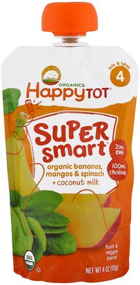 Nurture Inc. (Happy Baby), Happy Tot, Stage 4, Super Smart, Fruit and Veggie Blend, Organic Bananas, Mangos & Spinach, Coconut Milk, 4 oz (113 g) ,صحة الطفل، تغذية الطفل، الغذاء