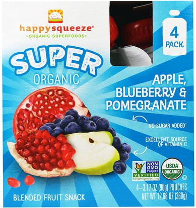 Nurture Inc. (Happy Baby), Happy Squeeze, Super Organic, Apple Blueberry & Pomegranate, 4 Pouch, 3.17 oz (90 g) ,صحة الأطفال، والأغذية للأطفال