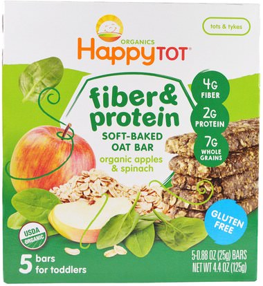 Nurture Inc. (Happy Baby), Happytot, Fiber & Protein Soft-Baked Oat Bar, Organic Apples & Spinach, 5 Bars, 0.88 oz (25 g) Each ,صحة الطفل، تغذية الطفل، وجبات خفيفة الطفل والأصبع الأطعمة، أطفال الأطعمة
