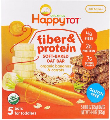 Nurture Inc. (Happy Baby), Happytot, Fiber & Protein Soft-Baked Oat Bar, Organic Bananas & Carrots, 5 Bars, 0.88 oz (25 g) Each ,صحة الطفل، تغذية الطفل، وجبات خفيفة الطفل والأصبع الأطعمة، أطفال الأطعمة