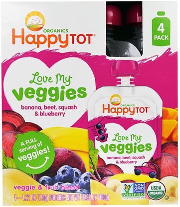 Nurture Inc. (Happy Baby), HappyTot, Love My Veggies, Banana, Beet, Squash & Blueberry, 4 Pouches, 4.22 oz (120 g) Each ,صحة الأطفال، والأغذية للأطفال