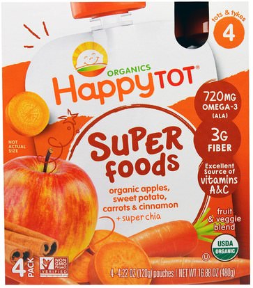 Nurture Inc. (Happy Baby), HappyTot, SuperFoods, Organic Apples, Sweet Potato, Carrots & Cinnamon + Superchia, 4 Pouches - 4.22 oz (120 g) Each ,صحة الأطفال، والأغذية للأطفال
